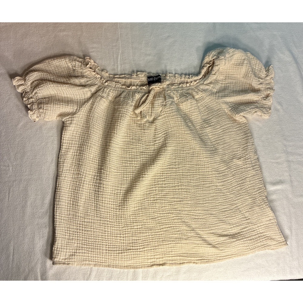 Women's Top Large Cream Milkmaid Cottagecore Puffy Sleeves Crinkled Smocked Boho